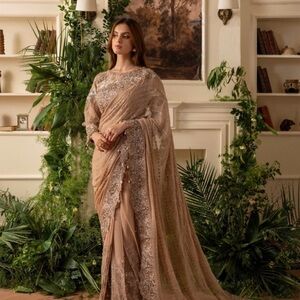 Elegant Beige and Gold Embroidered ready to wear Saree
